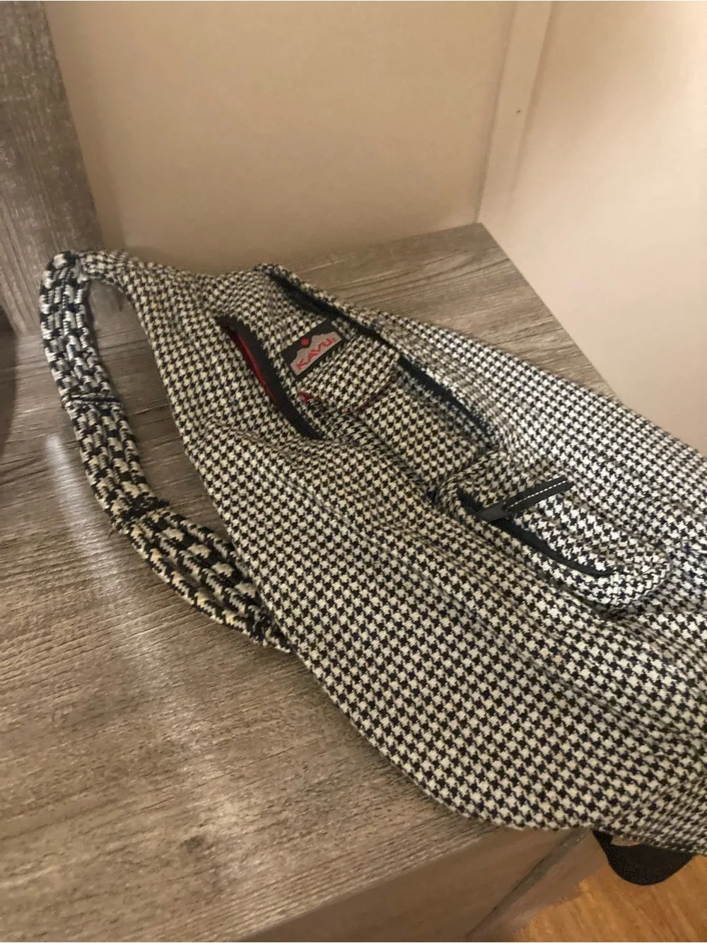 Kavu Black and White Houndstooth Sling Backpack